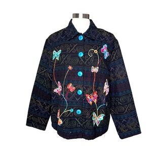 Vintage Julia Kin Butterfly Embroidered Cotton Jacket Black Multi XL Art to Wear